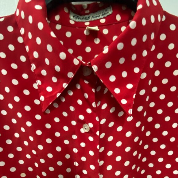 Vintage Guess Red White Polka Dot Collared Button Up Blouse  Size M - Picture 3 of 9